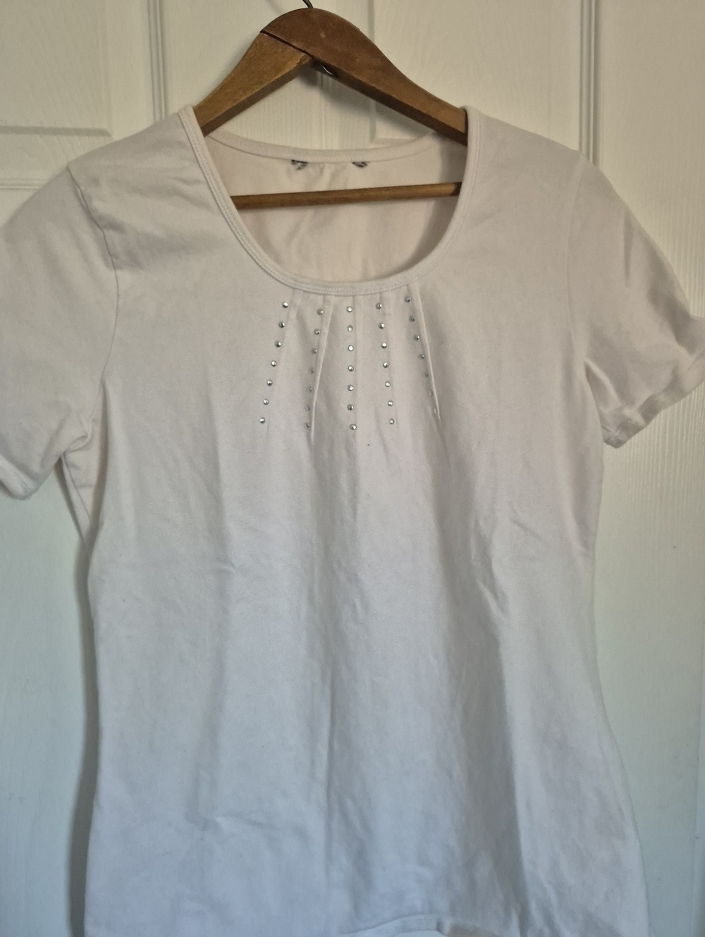 Women's White Short-Sleeve Scoop Neck Top with Stud Detail